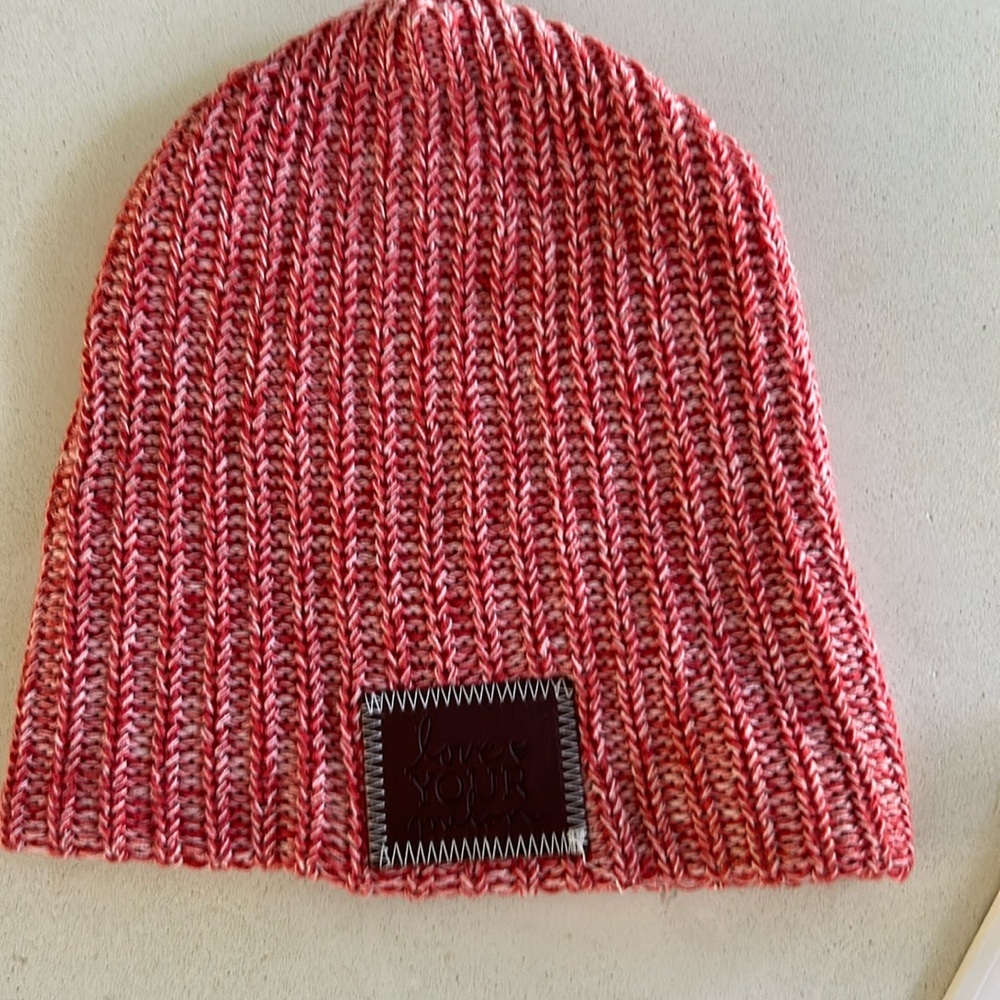 “love YOUR melon”. red & white knit beanie